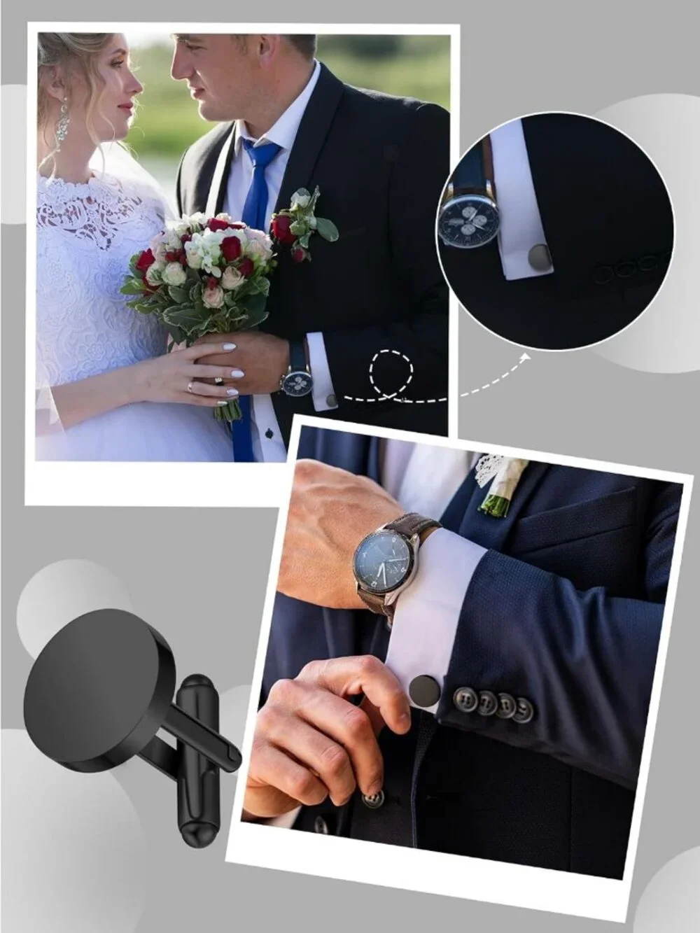 Classic Round Silver Cufflinks Set for Men - 5 Pairs Stainless Steel Wedding